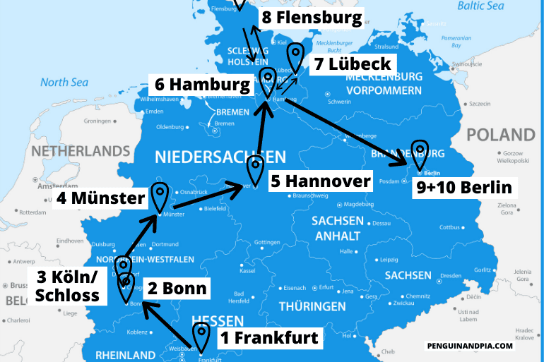 Karte von Deutschland mit Route für 10 Tage Rundreise im Norden