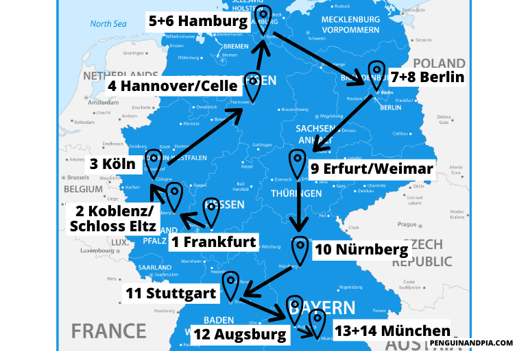 Karte von Deutschland mit Route für 14 Tage Rundreise
