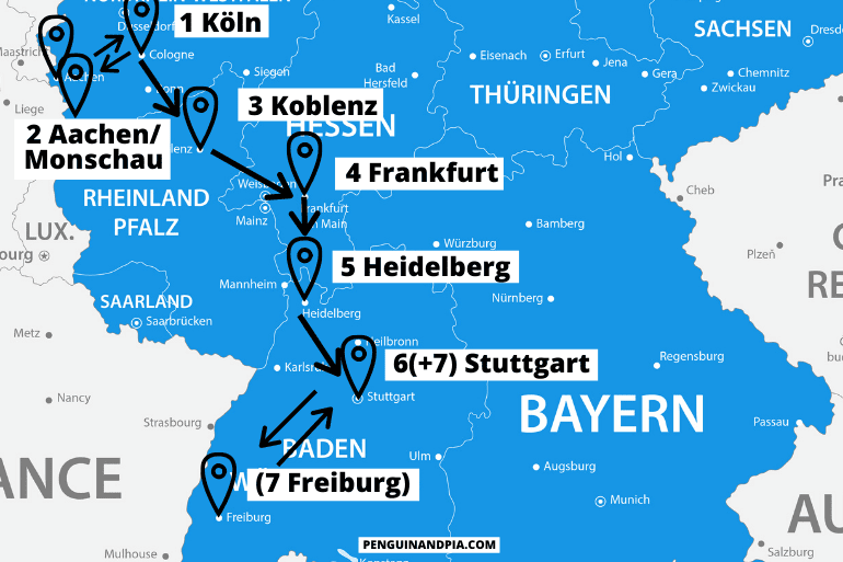 Karte von Deutschland mit Route für 7 Tage Rundreise im Westen